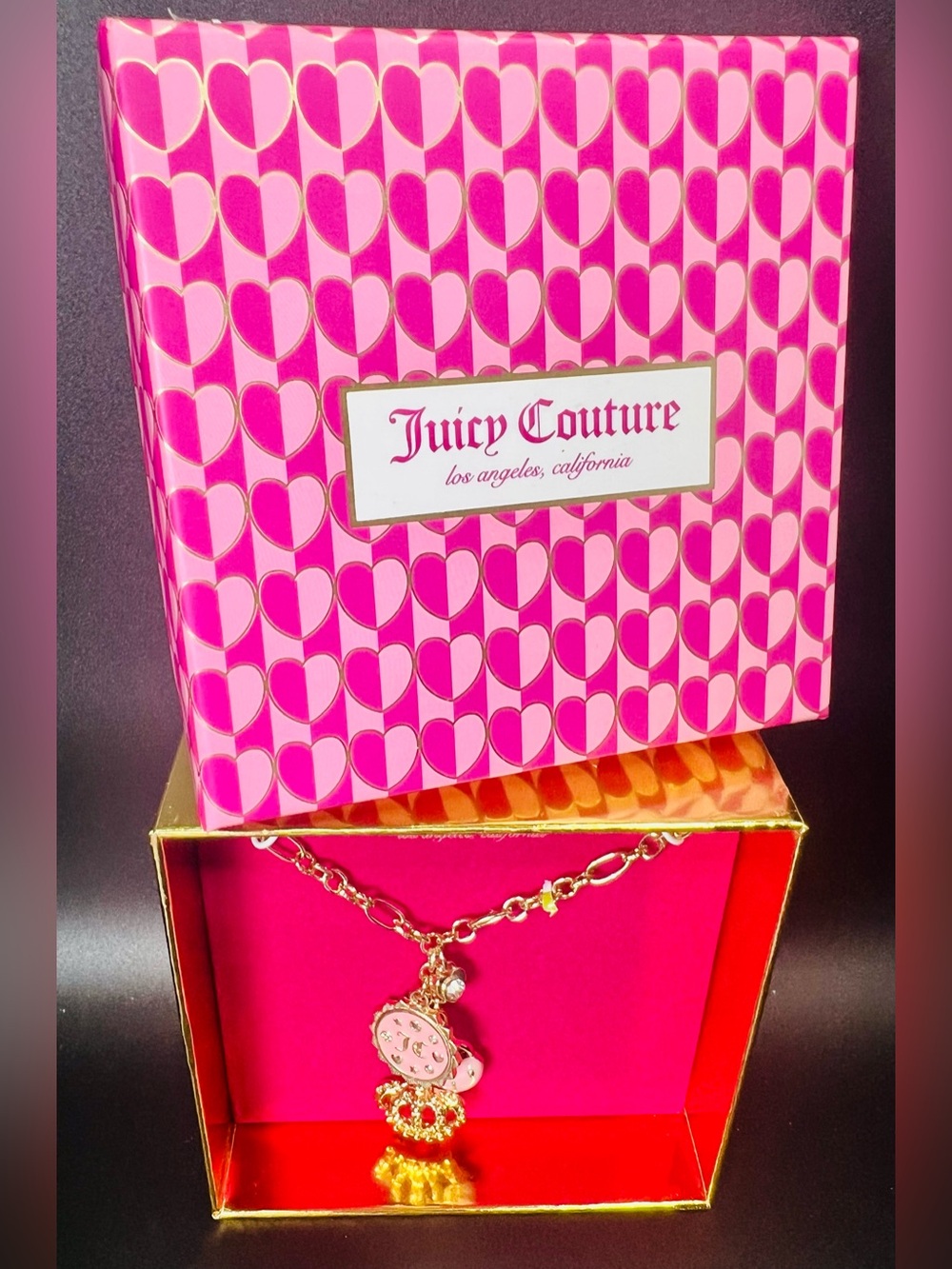 NWT Juicy Couture Gold-Tone Layered Multi-Charm Necklace Pink Enamel Crown